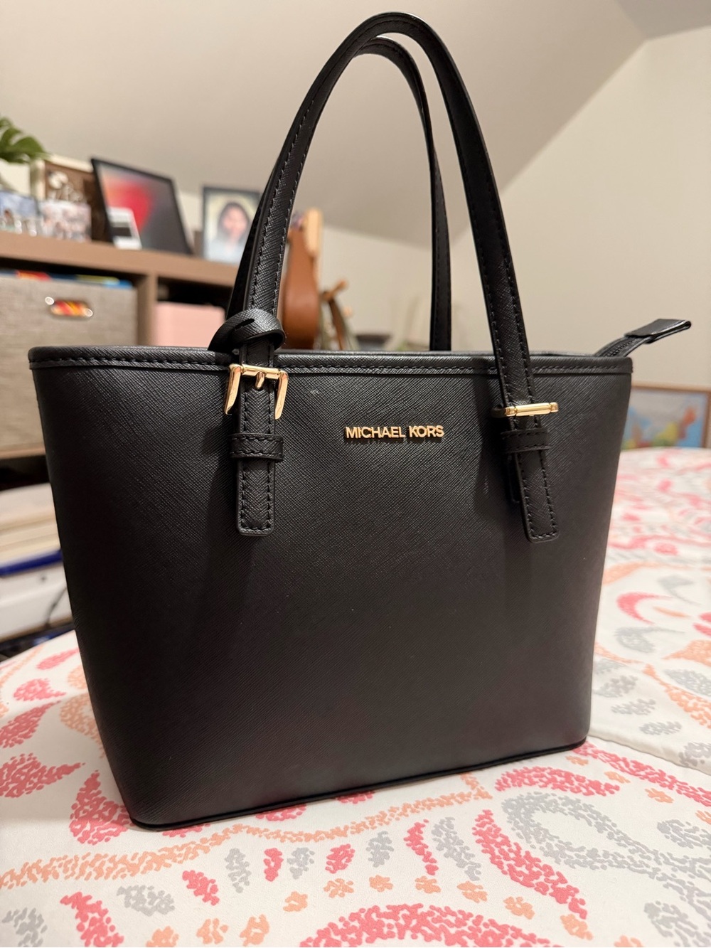 Michael Kors Black Saffiano Leather Small Tote with Gold Hardware